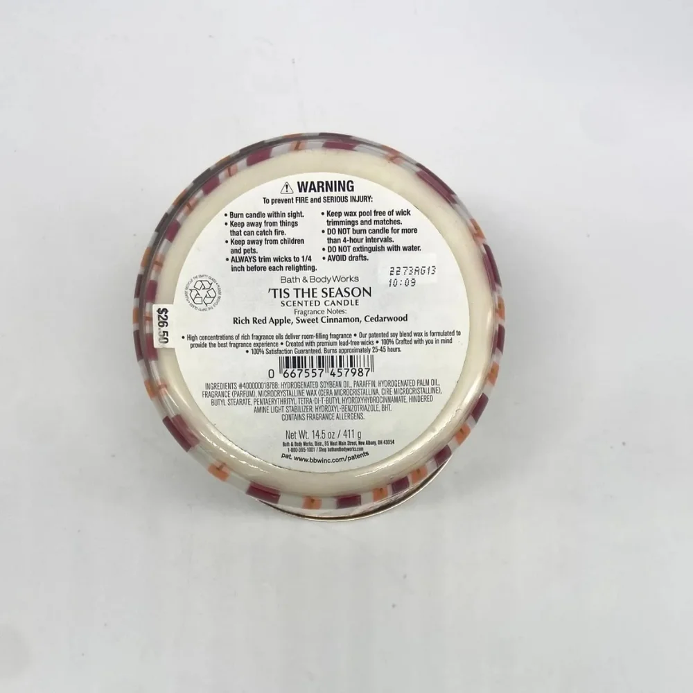 BATH & BODY WORKS WHITE BARN 'TIS THE SEASON SCENTED 3 WICK CANDLE 14.5oz - Picture 3 of 3